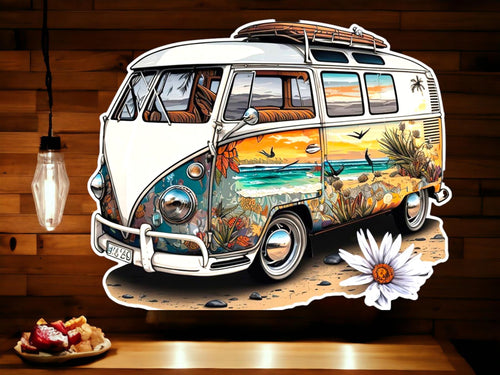 Retro Beach Scene Camper Van Metal Wall Sign, 46x37cm – Vintage Surf Style Art, Classic Hippie Van Decor for Home and Office-OsirisTradingUK