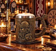 Charger l'image dans la galerie, Norse Viking Tankard Warrior Wolf Celtic Dragon Handle Beer Mug Medieval Decor
