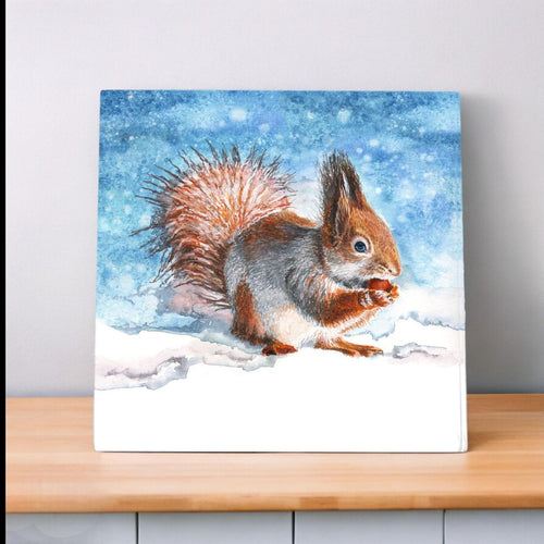 Enchanting Winter Squirrel Ceramic Picture Tile S. Jones Art Wall Decor Adorable Squirrel Artwork Nature Lover Gift Winter Wonderland Tile-OsirisTradingUK