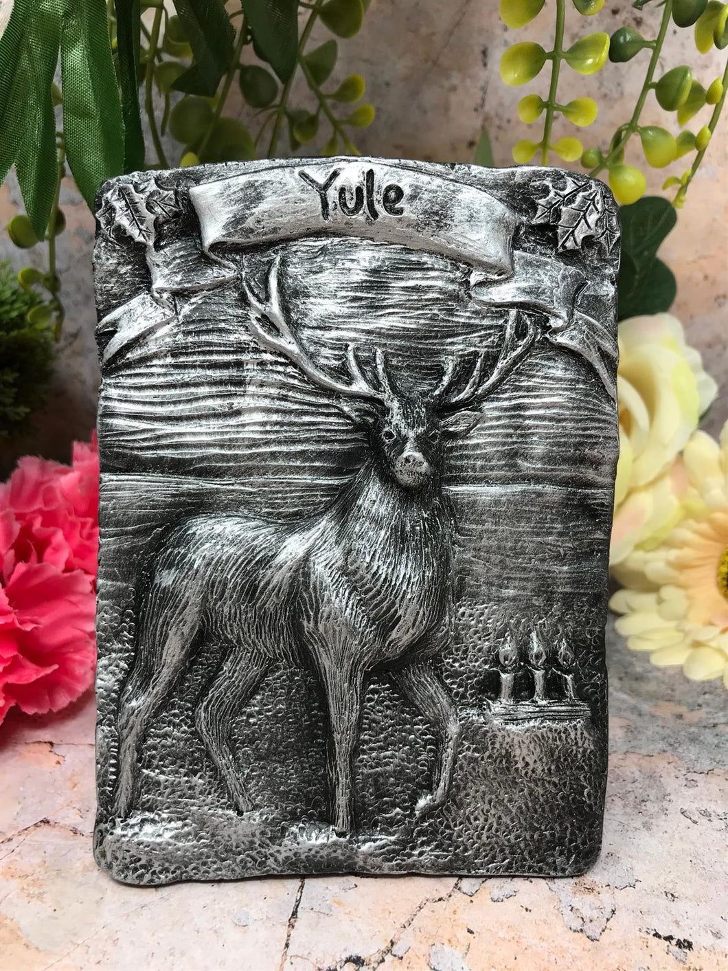Yule Stag Silver Coloured Wall Plaque Pagan Wiccan Sculpture Ornament-OsirisTradingUK