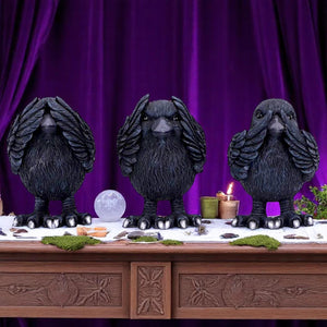 Three Wise Raven Figurines Gothic See No ,Hear No, Speak No Evil Ravens pagan