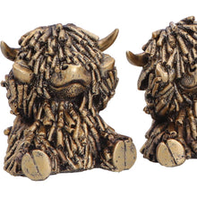 Load image into Gallery viewer, Three Wise Highland Cow Figurines Gold Farm Animal See Hear Speak Set
