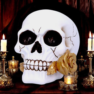 Gothic Skull Dark Romance Ornament Golden Rose Fantasy Figurine Macabre Home Decor