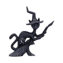 Load image into Gallery viewer, Bewitch Spell Cat Figurine Flying Wiccan kitty Broomstick Fantasy Halloween Altar
