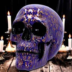 Gothic Indigo Skull Ornament Fantasy Figurine with Gold Patterns Romantic Art Decor Statue