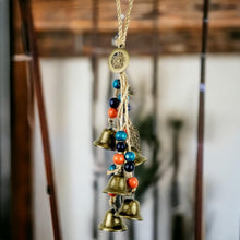 Load image into Gallery viewer, Enchanted Witch Protection Hanging Bells - 32cm Ritualistic Decor - Magical Metal Bells with Beads and Rope - Wiccan Home Protection Amulet-OsirisTradingUK
