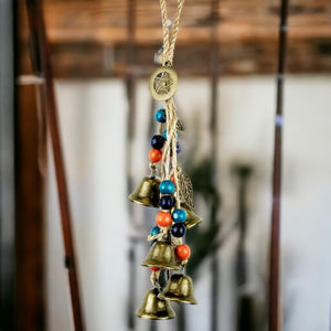 Enchanted Witch Protection Hanging Bells - 32cm Ritualistic Decor - Magical Metal Bells with Beads and Rope - Wiccan Home Protection Amulet-OsirisTradingUK