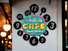 Load image into Gallery viewer, Retro &#39;Halfway Café&#39; Metal Wall Clock - Vintage Style Diner Decor, Large 60x60 cm, Battery-Powered, Perfect for Kitchen or Coffee Shop&quot;-OsirisTradingUK
