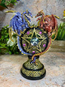 Dual Dragons on Pentagram Stand | Mystical Blue & Red Guardians | Celtic-Inspired Decor | Gem-Embellished Talisman-OsirisTradingUK