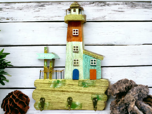 Charming Coastal Lighthouse Key Holder – Reclaimed Wood Nautical Wall Decor with Hooks-OsirisTradingUK