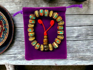 Authentic Handcrafted Tibetan Wrist Mala with Colorful Accents – Traditional Bone Prayer Beads for Meditation in Velvet Pouch-OsirisTradingUK