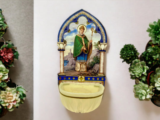 St. Patrick Holy Water Font – Vintage-Style Plastic Water Holder with Gold Accents, Religious Wall Decor