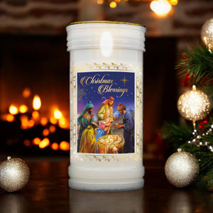 Christmas Blessings Nativity Pillar Candle with Gold Foil – 14x6cm Christmas Decor, Festive Holy Family Scene Candlelight, Religious Holiday Ornament