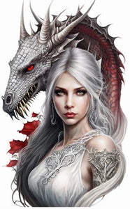 Red-Eyed Dragon & Silver-Haired Maiden Metal Sign - 29 x 48 cm Fantasy Art - Intricate Mythical Beast and Warrior Princess Decor
