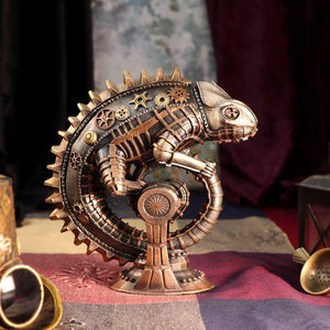 Mechanical Chameleon Steampunk Lizard Figurine 22.3cm | Hand-Painted Bronze Resin Collectible