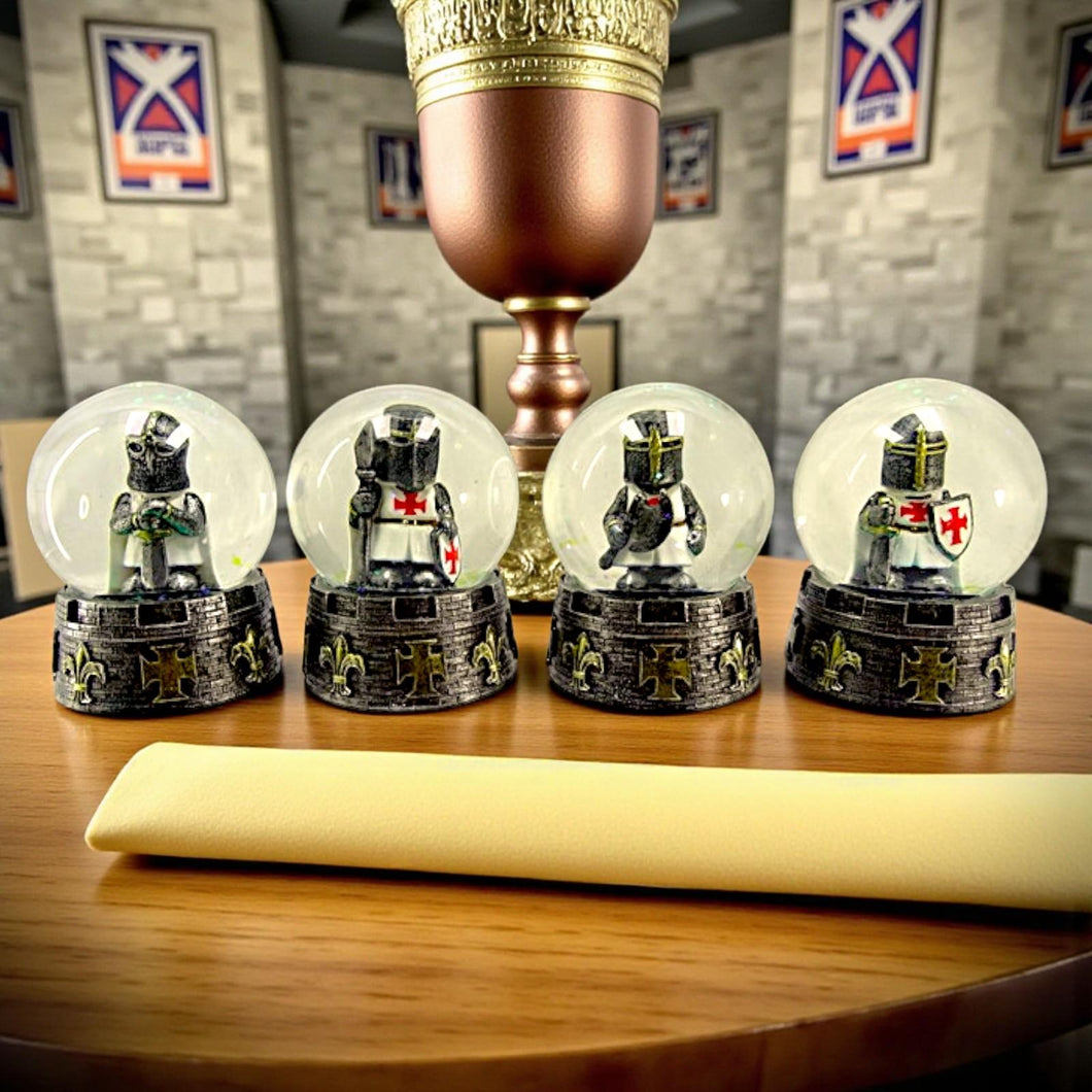 Medieval Knight Snow Globe Set of 4 Templar Figurines Glass Ornament Decor Gift