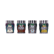 Load image into Gallery viewer, Lord of the Rings Hobbit Shot Glass Set Official Frodo, Sam, Merry, Pippin Cups
