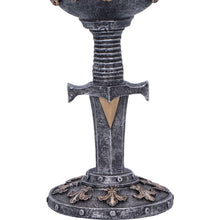 Load image into Gallery viewer, Medieval Knight Goblet Sword Stem Chalice with Heraldic Crest Gothic Fantasy Drinkware

