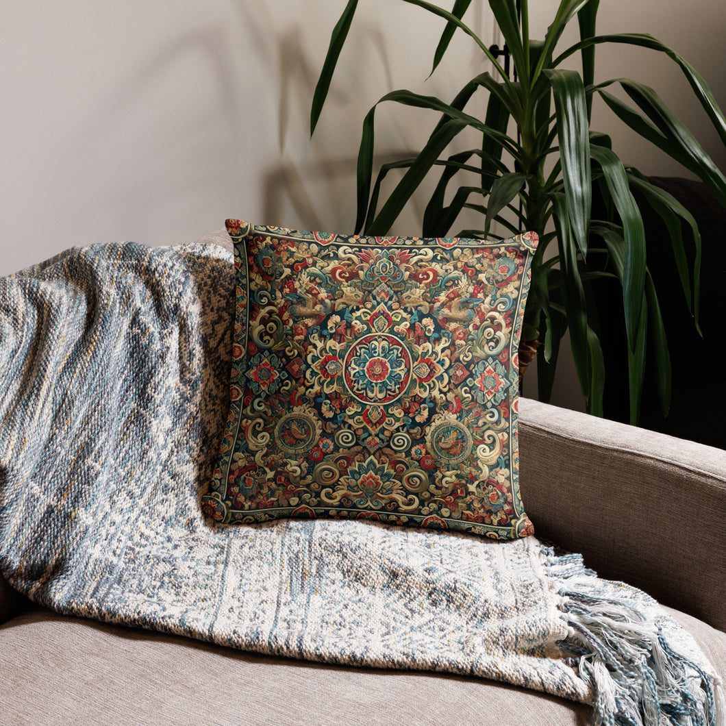 Exquisite Ancient Tibetan Motifs Inspired Cushion - Vibrant Decorative Pillow for Home Decor