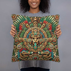 Ancient Mayan God Kukulkan Motif Cushion - Decorative Throw Pillow, Aztec-Inspired Home Decor, Vibrant Cultural Accent