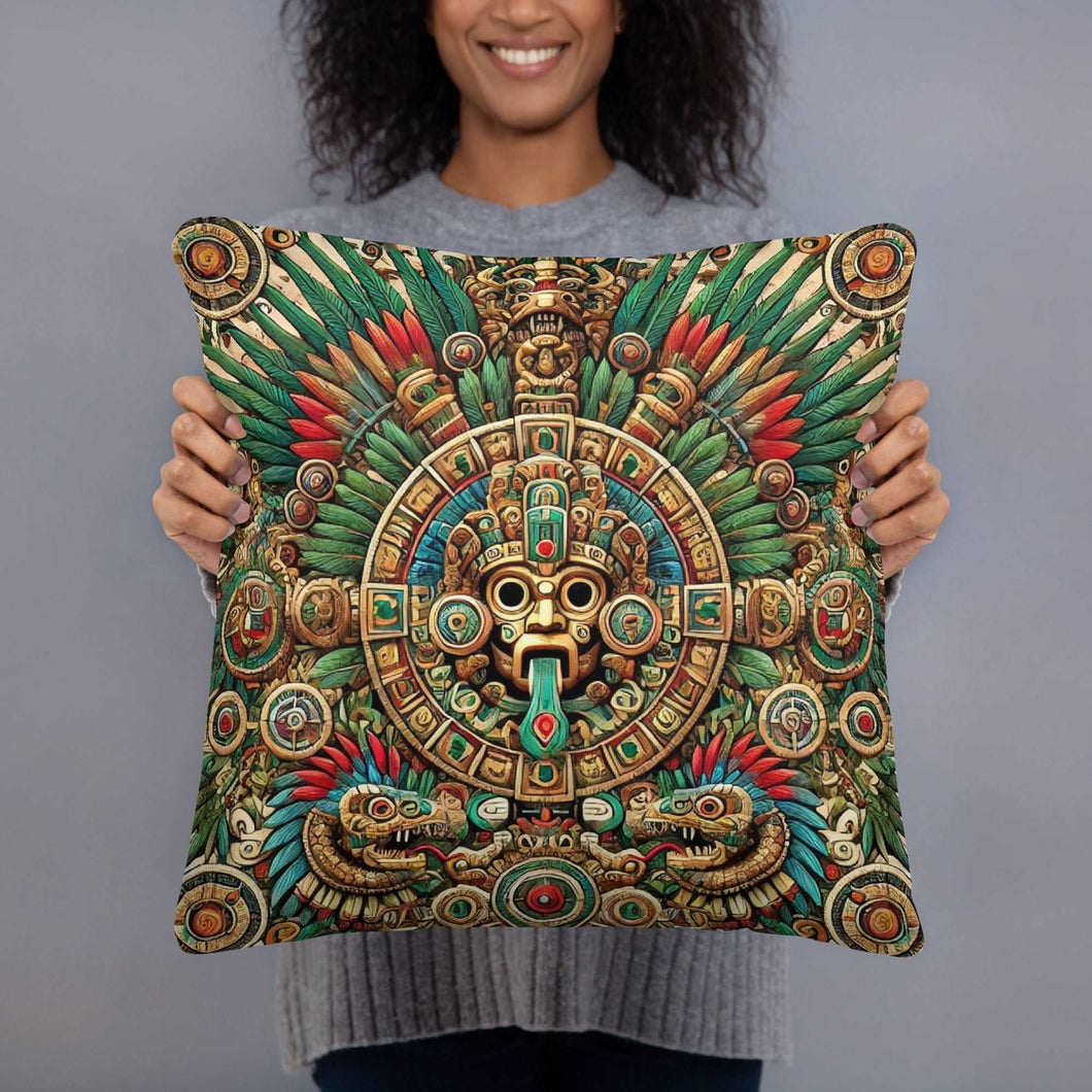 Ancient Mayan God Kukulkan Motif Cushion - Decorative Throw Pillow, Aztec-Inspired Home Decor, Vibrant Cultural Accent