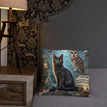 Load image into Gallery viewer, Magical World Inspired Cushion | Enchanted Black Cat, Owl &amp; Ouija Board Design | Witchy Home Decor | Mystical Gothic Pillow
