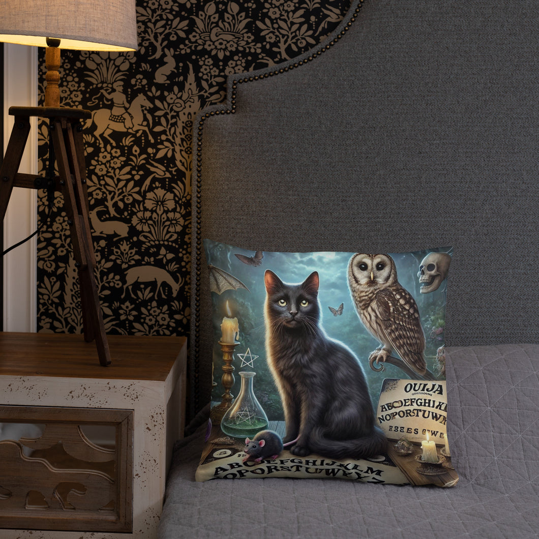 Magical World Inspired Cushion | Enchanted Black Cat, Owl & Ouija Board Design | Witchy Home Decor | Mystical Gothic Pillow