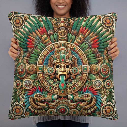 Ancient Mayan God Kukulkan Motif Cushion - Decorative Throw Pillow, Aztec-Inspired Home Decor, Vibrant Cultural Accent