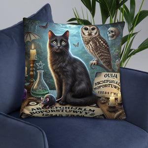 Magical World Inspired Cushion | Enchanted Black Cat, Owl & Ouija Board Design | Witchy Home Decor | Mystical Gothic Pillow