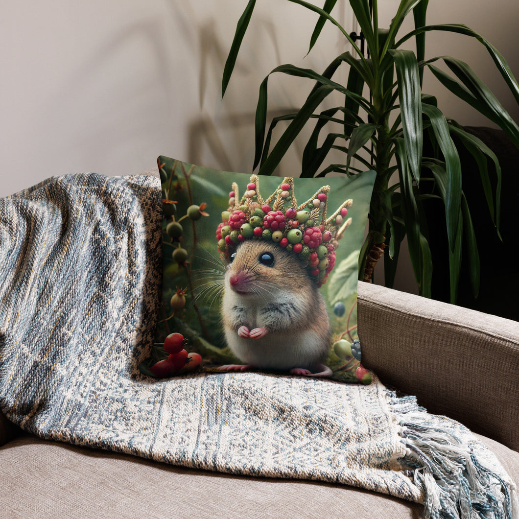 Royal Mouse Cushion - Adorable Field Mouse with Berry Crown Decorative Throw Pillow