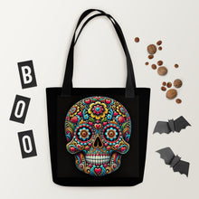 Load image into Gallery viewer, Vibrant Day of the Dead Skull Tote Bag - Colorful Sugar Skull Art - Dia de los Muertos Bag - Mexican Festival Tote - Eco-Friendly Reusable Bag
