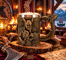 Laden Sie das Bild in den Galerie-Viewer, Viking Warrior Tankard Norse Wolf Dragon Beer Mug Medieval Celtic Gothic Gift
