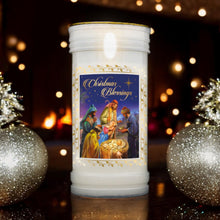 Load image into Gallery viewer, Christmas Blessings Nativity Pillar Candle with Gold Foil – 14x6cm Christmas Decor, Festive Holy Family Scene Candlelight, Religious Holiday Ornament
