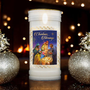 Christmas Blessings Nativity Pillar Candle with Gold Foil – 14x6cm Christmas Decor, Festive Holy Family Scene Candlelight, Religious Holiday Ornament