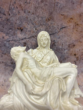 Load image into Gallery viewer, La Pieta Statue with Wood Stand - Michelangelo&#39;s Masterpiece Resin Replica, Religious Home Decor, Iconic Christian Sculpture, Spiritual Art
