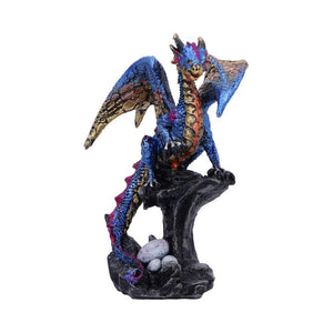 Guardian Blue Dragon Figurine and Eggs Fantasy Statue Gothic Gift Metallic Finish