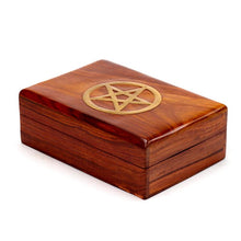 Laden Sie das Bild in den Galerie-Viewer, Sheesham Wood Pentagram Jewellery Box Pagan Witchcraft Altar Storage Chest 17.5cm
