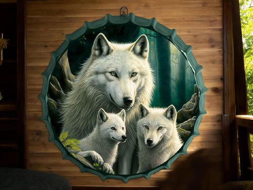 Majestic Wolf Family Metal Wall Art - 42cm Diameter, Ready to Hang, Nature Decor, Wildlife Metal Sign-OsirisTradingUK