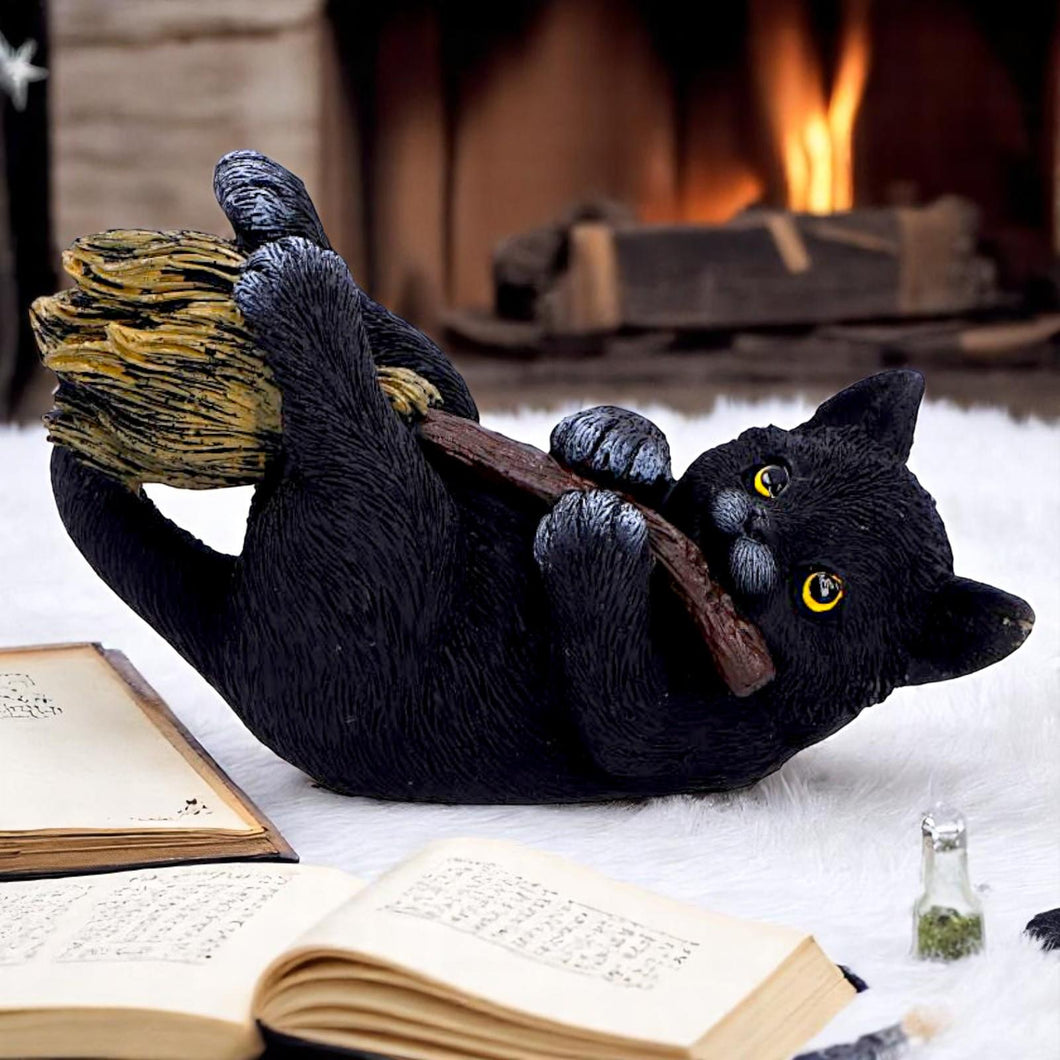 Witchcraft Cat Riding Broom Figurine Gothic Black Kitten Wiccan Fantasy Statue