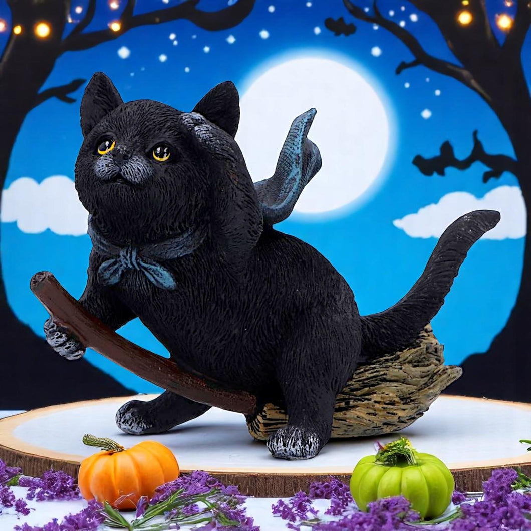 Witchcraft Cat Flying on Broom Gothic Familiar Figurine Wiccan Witch Art Decor