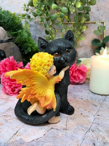 Adorable Fairy with Black Cat Companion Sculpture Figurine Fantasy Fairies Statue-OsirisTradingUK