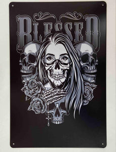 Blessed Gothic Skulls and Dark Roses Metal Sign Unique Gothic Home Decor Man Cave A Gift for a Biker-OsirisTradingUK