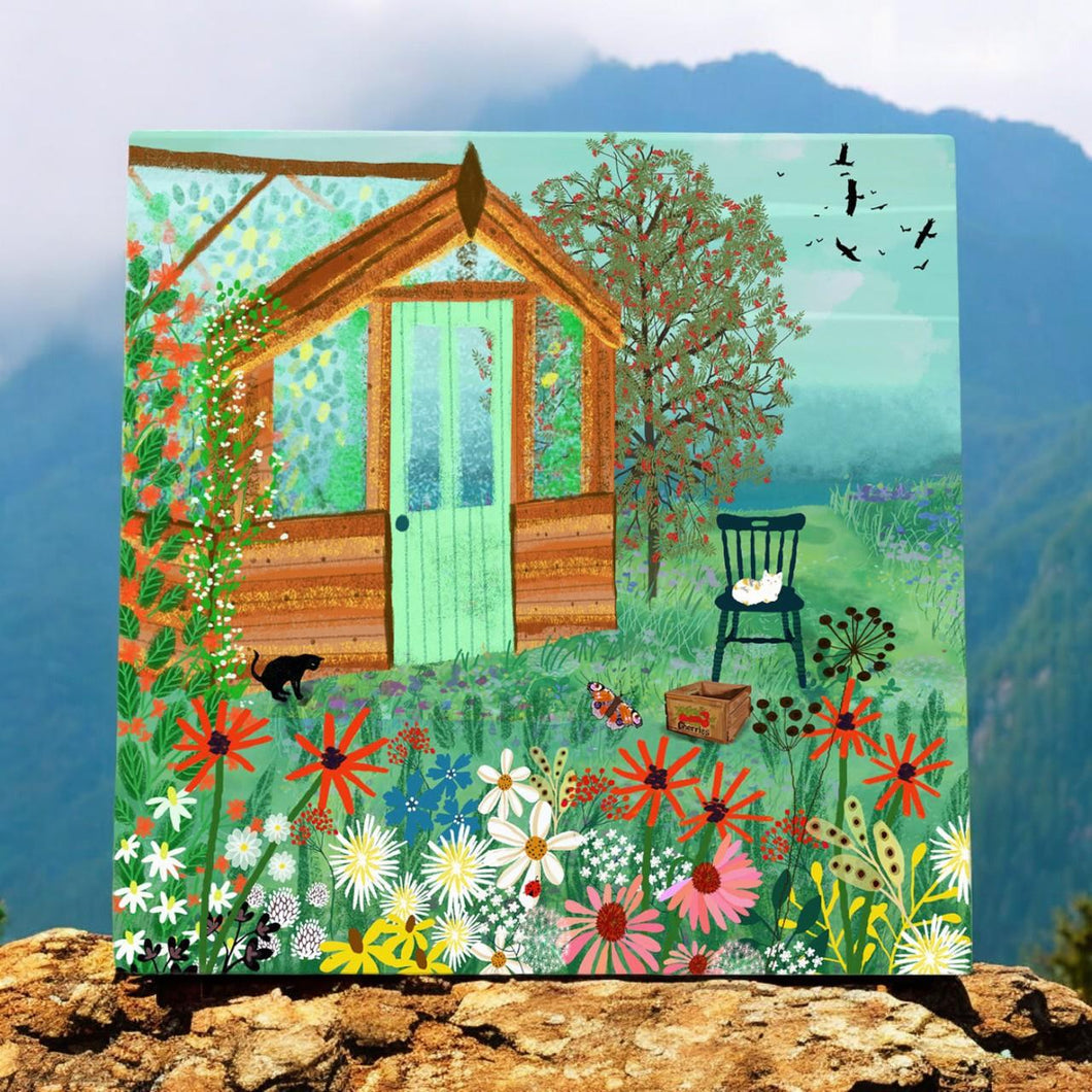 The Greenhouse Ceramic Wall Tile 20x20cm by Angela Holland – Unique Art Decor, Cottage Garden Scene, Handmade, Decorative Plaque, Ready to Hang