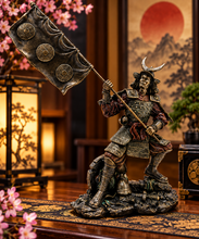 Load image into Gallery viewer, Samurai Warrior Figurine Japanese Military Banner Oriental Bronze Effect Decor
