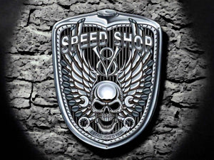 Biker's Emblem Metal Wall Sign - Speed Shop Skull & Wings, Motorcycle Garage Decor Plaque-OsirisTradingUK