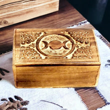 Load image into Gallery viewer, Artisan-Crafted Triple Moon Wooden Box | Mystical Carving and Storage | Handmade Organizer | Spiritual Home Decor-OsirisTradingUK
