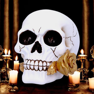 Gothic Skull Dark Romance Ornament Golden Rose Fantasy Figurine Macabre Home Decor