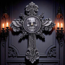 Load image into Gallery viewer, Horas Gothic Wall Clock Skull Cross Wings Silver Dark Fantasy Halloween Decor
