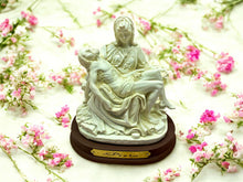 Load image into Gallery viewer, La Pieta Statue with Wood Stand - Michelangelo&#39;s Masterpiece Resin Replica, Religious Home Decor, Iconic Christian Sculpture, Spiritual Art
