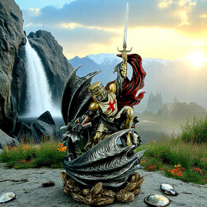 Crusader Knight Slaying Dragon Sculpture Gothic Fantasy Medieval Templar Figurine